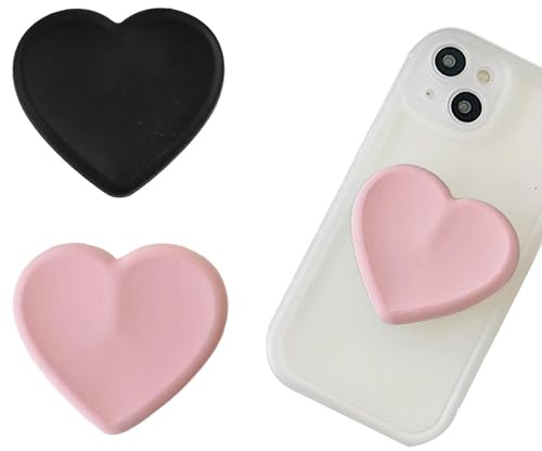 Set of 2 Universal Heart-Shaped Phone Grip Holder with Stand,Finger Grip with Kickstand - Compatible with Smartphones, Mobiles & Cases (black，pink)