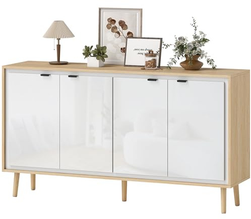 HOMCOM Buffet à Haute Brillance 4 Portes 141 x 35 x 77 cm Blanc Chêne