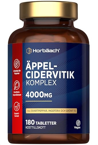 Äppelcidervinäger 4000mg | 180 Veganska Tabletter | Högdoserat Komplex med Svartpeppar, Ingefära & Grönt Te | Apple Cider Vinegar Kosttillskott | av Horbaach