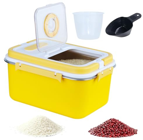 ANMOO 10L Rice Storage Container, Stainless Steel Food Bin, Yellow | Airtight food canister with timer lid & handle, measuring cup & spoon for pasta, flour, sugar and kitchen pantry dry goods