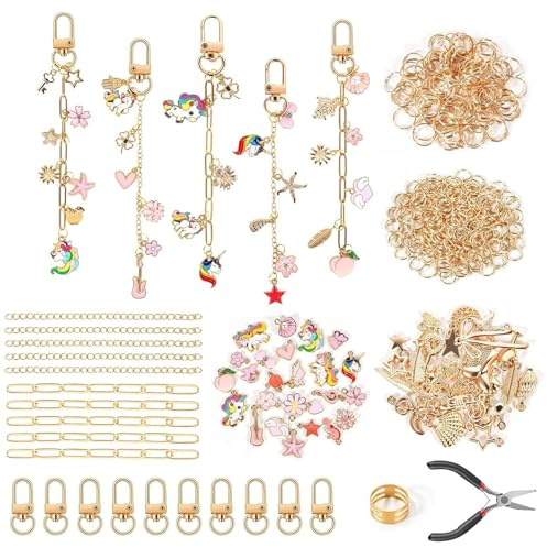 YUANHEHE Schlüsselanhänger Bastelset 377 Teile – DIY Keychain Making Kit Schlüsselanhänger Set Diy mit Charms, Karabinern, Biegeringen & Schmuckzange, Schlüsselanhänger Selber Machen für Mädchen