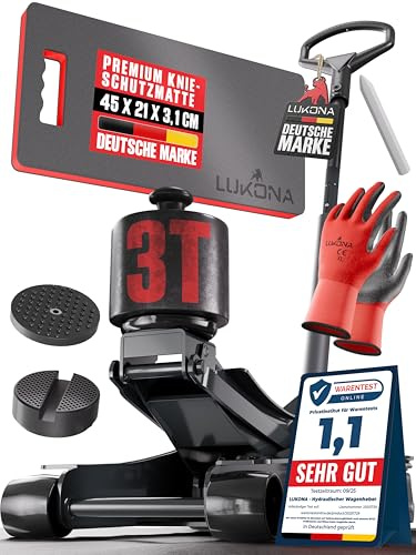 Hydraulischer Wagenheber 3T (83–500 mm) – Extra Fußpedal, D-Griff, inkl. Reifenstift, Knieschoner & Handschuhe – Rangierwagenheber für PKW (Anthrazit)