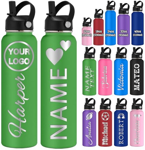 Borraccia Termica Personalizzata con Nome e Logo Incisi 350/530/700/950/1150ml In Acciaio Inox a Doppia Parete con Coperchio e Manico In Cannuccia Ideale Come Regalo per Scuola Sport e Ufficio