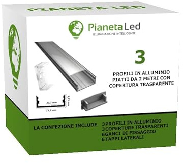 PROFILO IN ALLUMINIO LP1030 IN BARRE DA 2 METRI PER DOPPIA STRISCIA A LED CON COVER OPACA O TRASPARENTE TAPPI E GANCI DI MONTAGGIO INCLUSI (3 BARRE DA 2 MT (6MT), COVER TRASPARENTE)