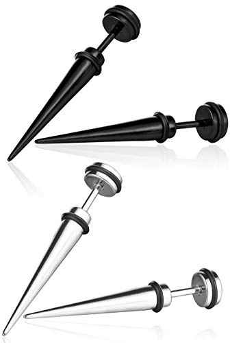 Yumilok Jewelry 4 Pcs Mens Womens Stainless Steel Spike Stud Earrings Tapers Fake Plugs Ear Stretchers, 2 Pairs(Black, Silver)