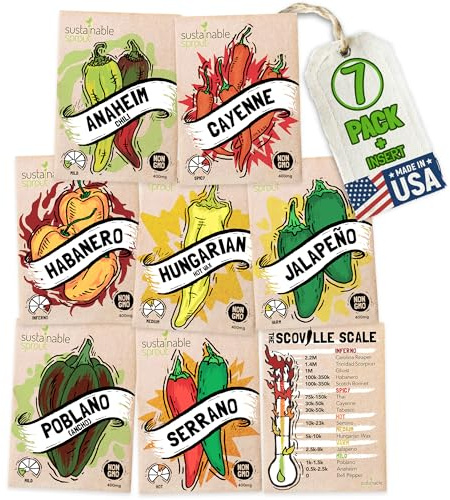 Hot Pepper Seeds for Planting - 7 Heirloom Chili Pepper Seeds Variety Packets Garden Seeds for Planting Cayenne Anaheim Hungarian Wax Pepper Habanero Serrano Poblano, & Jalapeno by Sustainable Sprout