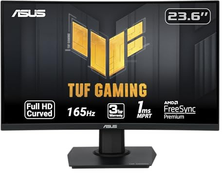 ASUS TUF Gaming (VG24VQE) Moniteur incurvé 23,6 1080p – Full HD, 165 Hz, 1 ms, Flou extrême Faible Mouvement, synchronisation adaptative, FreeSync Premium, Shadow Boost, Montage VESA, DisplayPort,