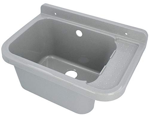 HYDROLAND Ausgussbecken Waschbecken mit Ablage & Überlauf 60 x 34 x 21 Grau | Komplett mit Siphon Kunststoff Ablaufgarnitur Spüle Waschtisch Spülbecken Wandmontage Handwaschbecken Gartenwaschbecken