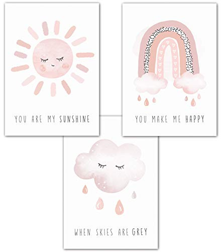 double critical Lemmami Papeterie 3er Set Wandbilder Kinderzimmer Babyzimmer Poster Bilder DIN A4 Mädchen Jungen Boho Deko Dekoration Regenbogen Sonne Wolke (3er Bilder Set Rosa, Pastell, Wanddeko)