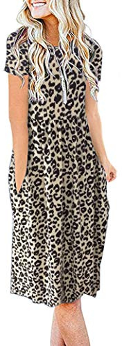 AUSELILY Knälång sommarklänning med fickor, för kvinnor, kortärmad, avslappnad plisserad imperieklänning med vidd, T-shirtklänning, Leopard, M