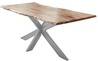 SAM Esstisch Salerno 180x90 cm Akazie Natur Baumkante Spider Silber | Baumkantentisch massiv, Akazienholz naturfarben lackiert, 35 mm Tischplatte, Metallgestell, Esszimmertisch