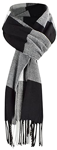 heekpek Mens Scarves Winter Soft Warm Tassel Scarf for Women Men Cashmere Feel Stripe Plaid Tartan Scarf, Black and white, One Size