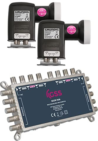 GSS Set 9/8 Multischalter + 2 Grundig Quattro LNB - 8 Teilnehmer 2 Satelliten - Matrix, Multiswitch für Satellitenschüssel, Digital HDTV 4K 8K Fernseher, Sat Anlage, Verteiler (SDZW908 + GLQD401)