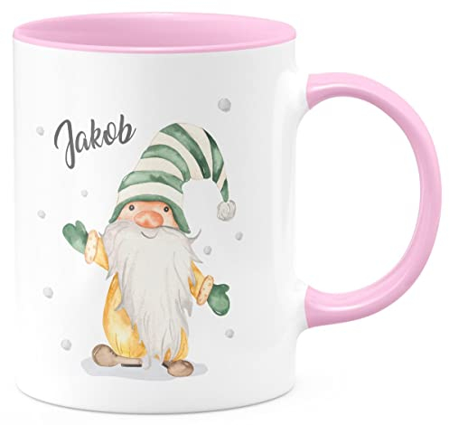 miKalino Keramik Tasse Fröhlicher Wichtel im Winter in grün personalisiert mit Namen | Kaffee Becher Kaffeetasse Geschenk, Farbe:rosa, Grösse:330ml