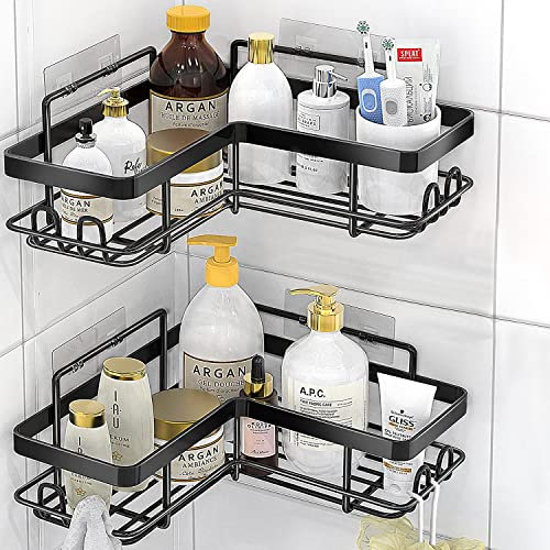 DIFULI Duschablage Ohne Bohren Ecke, Badezimmer Duschablage, Dauerhaft Edelstahl Badregal Ohne Bohren, Beweglich Bathroom Organizer Regal Badregal für Shampoo und Duschgel, Badezimmer Zubehör（Schwarz）