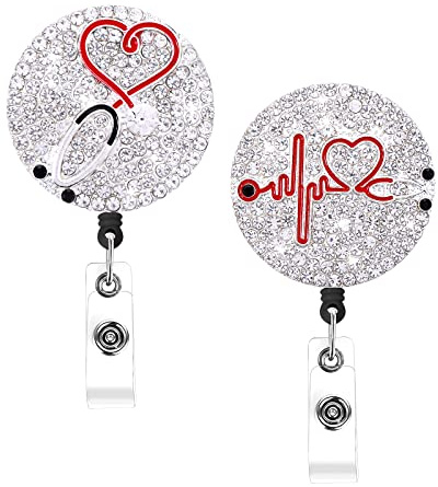 Prasacco 2 Stück Strass-Krankenschwester-Abzeichen-Spule, einziehbar, glitzernder Ausweishalter mit Clip, Diamant-Herz, Namenskartenrolle für Krankenschwestern, Arzt-Geschenk