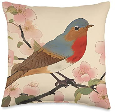Elegant and Eye-Catching Red Robin Cherry Blossom Graphic Throw Pillow