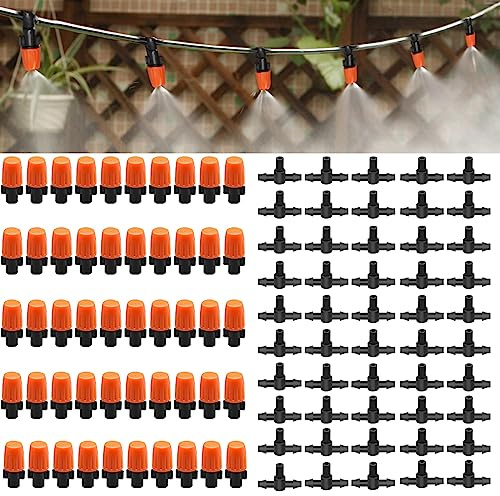 50 emisores de sistema de riego por goteo, sistema de riego para jardín, flujo ajustable, rociador de 360 grados con accesorios en T para kit de tubería de riego por goteo de 1/4 pulgadas, piezas
