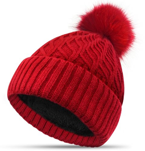 FORVEVO Mütze Damen Winter, Strickmützen für Damen, Warme Wintermütze Fleece Gefüttert mit Bommel Beanie