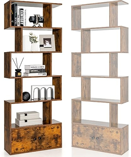HOMASIS Bücherregal mit 5 Ebenen, Standregal mit Schrank & 2 Türen, Aufbewahrungsregal aus Holz, Wandregal Raumteilerregal Aufsteller für Wohnzimmer, Büro & Arbeitzimmer 70x23x183cm (Braun)