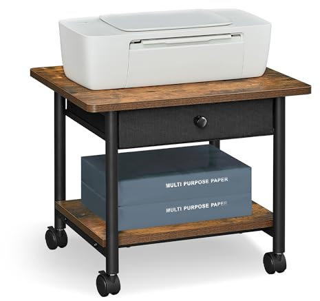 VASAGLE Heavy-Duty Printer Stand with Locking Wheels, 2-Tier with Drawer Industrial Mobile Cart with Storage Shelf, Printer Table for Home, Office, 15.6 Height, Rustic Brown and Black UOPS004B01