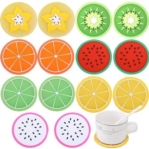 KASESSS 14 Stück Gummi Frucht Untersetzer, Zitrone Coasters, Tassenuntersetzer rutschfeste, Getränkeuntersetzer Isolierte Wärme, Dekorative Getränke Untersetzer für Tassen, Tisch, Bar, Glas, Gläser