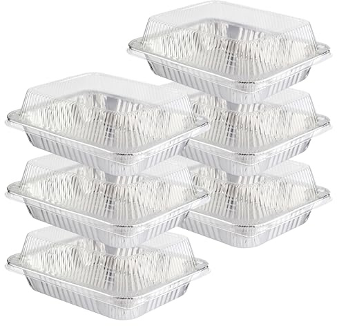 HOMESHOPA Aluminium Foil Food Storage Containers with Plastic Lids, 6 Pack Rectangle Disposable Meal Prep Takeaway Foil Tray, Reusable Tin Foil for Cooking, Baking, Roasting Broiling, Serving
