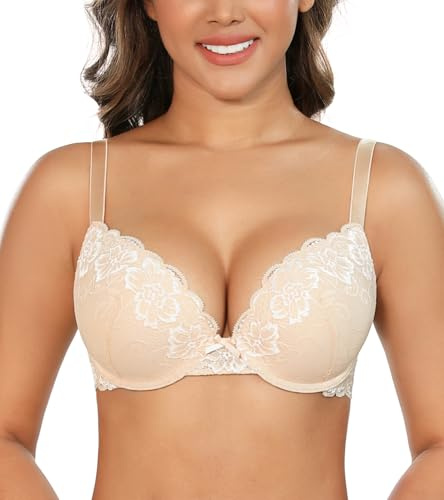 Lemorosy Damen BH mit Bügel Spitze Push Up V-Ausschnitt Große Größen Starker Halt Gepolstert Entlastungs Bequem Komfort Klassische Bralette (Beige,80B)
