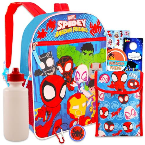 Marvel Spidey and His Amazing Friends Ensemble sac à dos Spiderman de 40,6 cm pour enfants, sac à déjeuner Spidey, bouteille d'eau, autocollants et plus encore | Sac à dos Spiderman pour tout-petits