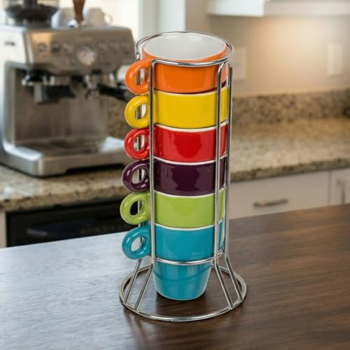 MIJOMA Lot de 6 tasses à expresso colorées avec support chromé – Tasses en grès empilables, peu encombrantes, 60 ml, passent au lave-vaisselle pour la maison moderne