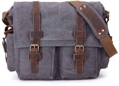 Sechunk Schultertasche Vintage Leder Umhängetasche Canvas Laptop Tasche Retro Messenger Taschen (Grau, Klein-13‘’)