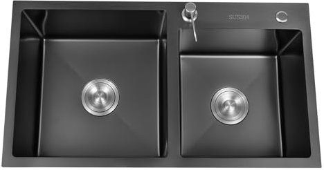 HOARLICN Fregadero de cocina de acero inoxidable, 2 lavabos dobles con escurridor, dispensador de jabón, fregadero empotrado, fregadero negro, fregadero de cocina grande, adecuado para restaurante