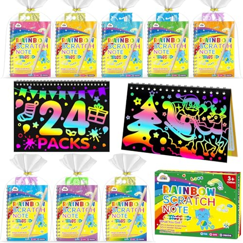 ZMLM 24 Bücher Kratzbilder Für Kinder, Magic Scratch Book, 26 Holzstifte, 24 Malschablonen, Regenbogen Kratzpapier Set zum Zeichnen und Basteln für Geburtstage Party DIY Dekoration Junge und Mädchen