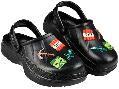 Minecraft Hausschuhe Clogs Kinder Junge mit oder ohne Schuh Charms Fersenriemen Kinderhausschuhe für Garten Strand Freizeit (Schwarz, 34/35 EU)