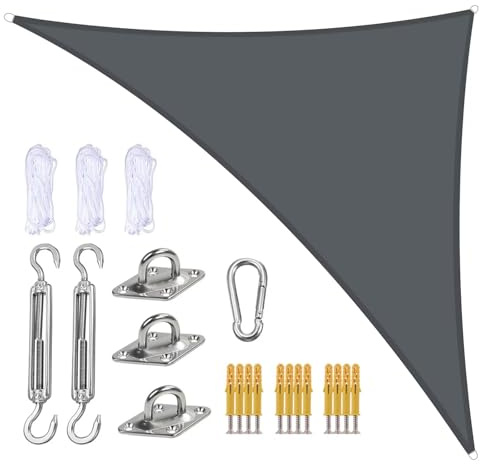 JAQVIVI Sonnensegel 4x4x5.7m Dreieckig, Premium HDPE 95% UV Schutz Sonnenschutz Atmungsaktiv Wetterbeständig für Garten Balkon und Terrasse, mit Ösen und Befestigungsseile