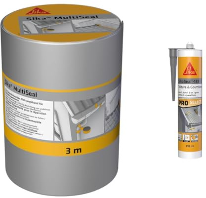 SIKA multiseal alu 150 mm x 3 m, Aluminium, 150 mm x 3 m & SikaSeal-189 Toiture & Gouttière, Gris, Mastic Butyle 2en 1 pour joints et réparations