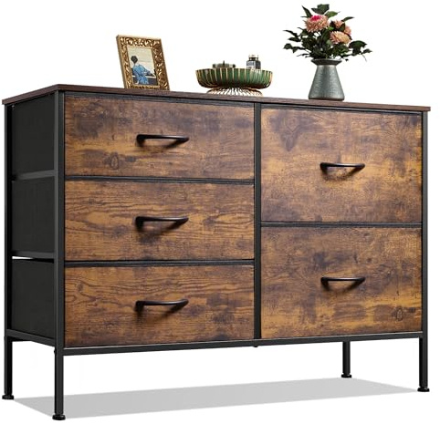 WLIVE Kommode mit Schubladen, komode Schlafzimmer mit 5 Stoffschubladen | Kommoden & Sideboards mit Stabiler Stahlrahmen, TV-Möbel mit Holzplatte, Einfach zu Montieren, Vintagebraun-Schwarz