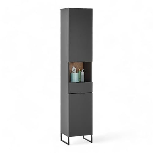 DENVER Badezimmer Hochschrank in Schwarz / Evoke Eiche Optik FSC-zertifiziert - Badezimmerschrank Bad Schrank mit viel Stauraum - 38 x 195 x 32 cm (B/H/T)