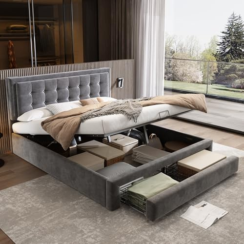 Rtopsu Polsterbett Doppelbett 140x200 cm, Bett mit Stauraum Kasten und Schubladen, Stauraumbett Bettgestell mit Hydraulischem Metallrahmen und Lattenrost aus Holz, Samt, Grau, Ohne Matratze