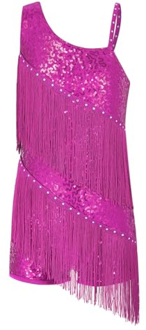 Freebily Abito da Ballo Latino Americano Bambina con Nappa Pailettes Body da Danza Classica Ballerina Vestito da Balletto Ballo Tango Valzer Costumi di Danza Samba Salsa Rosa Caldo 11-12 Anni