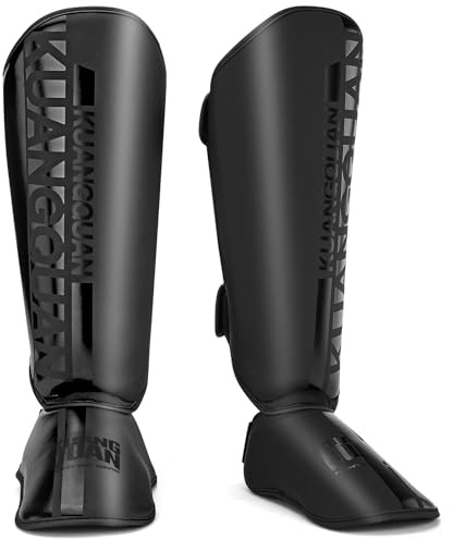 KUANG QUAN Muay Thai Shin Guards for Men,Women,Lightweight,Martial Arts Kicking Leg Instep Protection Pads Sparring Gear,for Kickboxing MMA Training,Professional Equipment (Black/Black, Large)