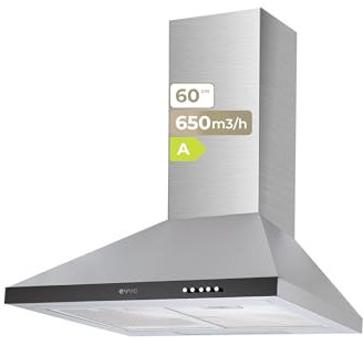 EVVO Campana Extractora 60 cm de Ancho, Potencia 650 m³/h, 3 Velocidades, Color Inox, Eficiencia Energética A (Modelo: CE21)