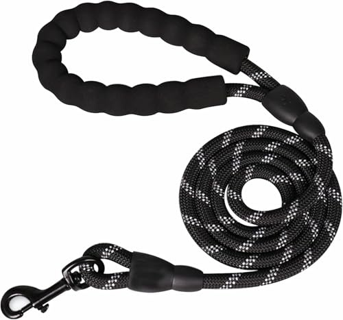 Heavy Duty Rope Dog Lead 5FT - Durable Anti-Slip Leash with Soft Padded Handle, Reflective Nylon Training Lead for Walking, Running, and Obedience – for Small, Medium & Large Dogs (Black, Small)