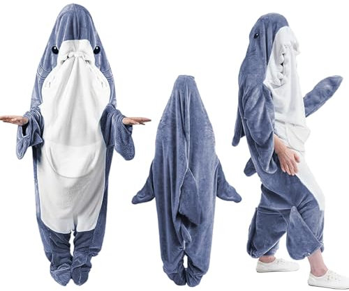 Lanqinglv Squalo - Coperta con maniche per adulti, in flanella con cappuccio, con squalo, colore blu, con cappuccio, per squalo, colore: blu