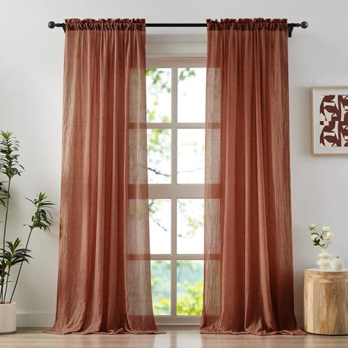 Anpark Cortinas Transparentes de Terracota, para Dormitorio, Sala de Estar, Elegante, Textura de Lino de algodón, filtrado Ligero, privacidad, Pura Gasa Natural, con túnel de Cortina, 132 x 244 cm, 2