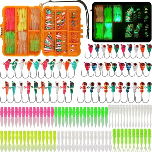 Dovesun Ice Fishing Lures Kit Ice Fishing Jigs Crappie Lures Ice Fishing Lures for Panfish Bass Walleye Crappie Jigs Ice Fishing Gift Ice Fishing Gear Accessories Tackle Glow in The Dark 135Pcs
