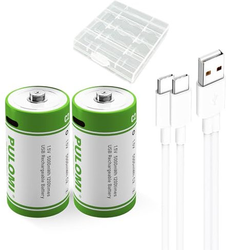 Batería recargable de iones de litio USB C, 1,5 V, 5000 mWh, batería C recargable, 2 horas de carga rápida, 1200 ciclos con cable de carga tipo C, protección contra sobrecarga, paquete de 2