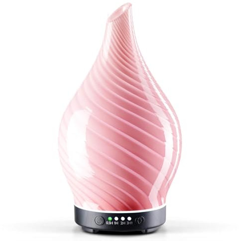 Porseme Aroma Diffuser 150ml,Handgeblasen Glas Luftbefeuchter, Ultraschall Aromatherapie Öle Diffusor mit 7 farbigem LED Licht, Diffusor für Ätherische Öle mit Timer BPA Frei für Wohnung(Pure Pink)