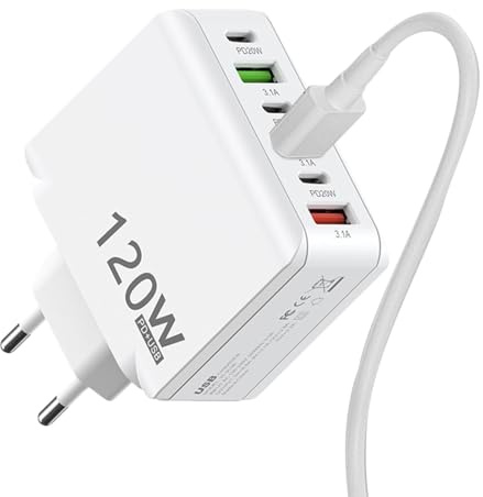 Chargeur mural USB C, adaptateur mural USB C, station de charge USB 120 W, cube de bloc de charge à charge rapide, adaptateur de prise murale multiport avec 3 USB C et 3 USB A pour téléphone