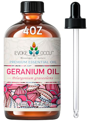 EVOKE OCCU Huile Essentielle de Géranium, pour Peau, Massage et Diffuseur | Parfum Apaisant pour Cheveux, Spa Gonflable, Savons, Bougies, Relaxation et Nettoyage - 118ml / 4 fl oz